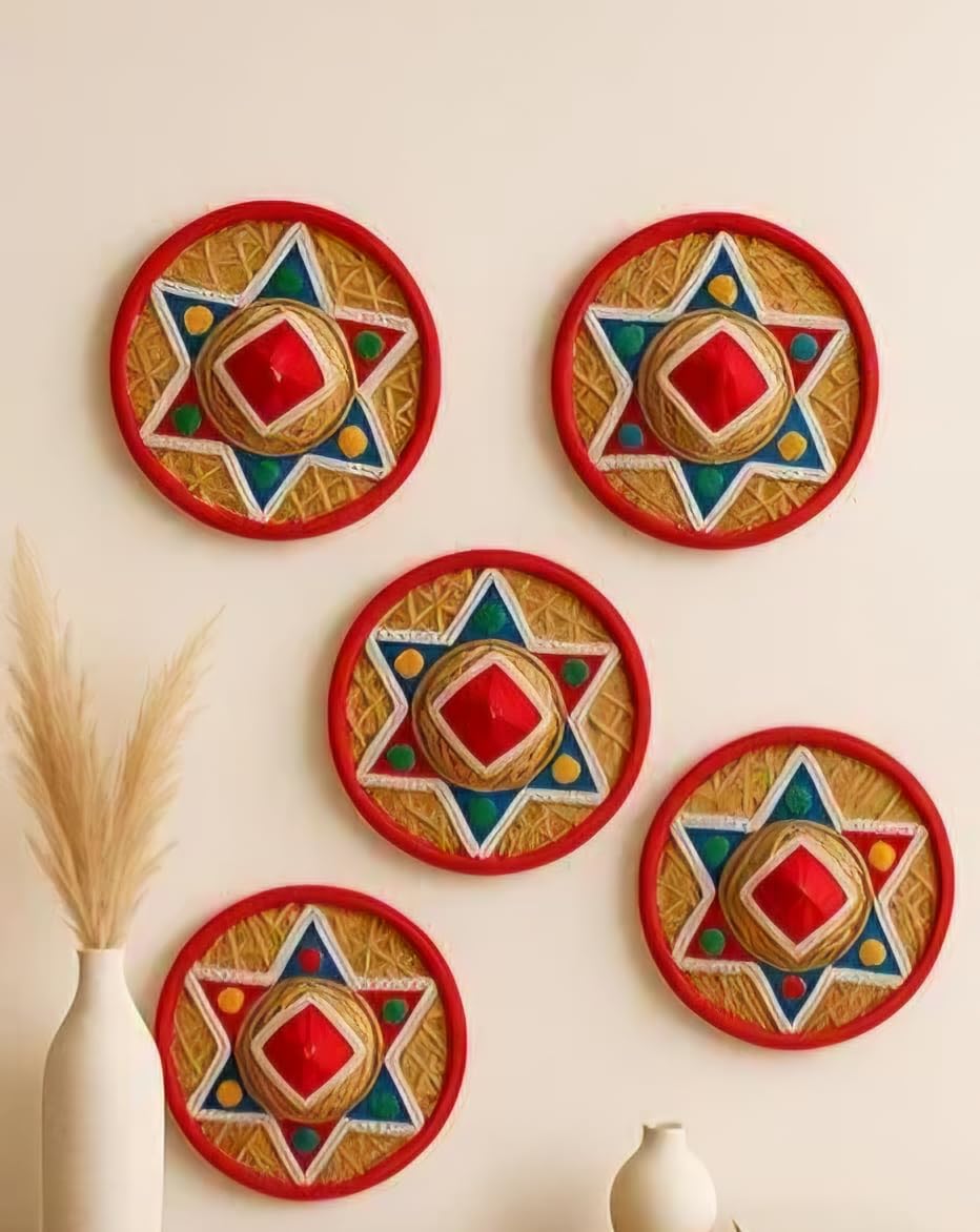Assamese Japi Traditional Handcrafted Wall Decor, 6 Inches, 5 Piece Combo Set