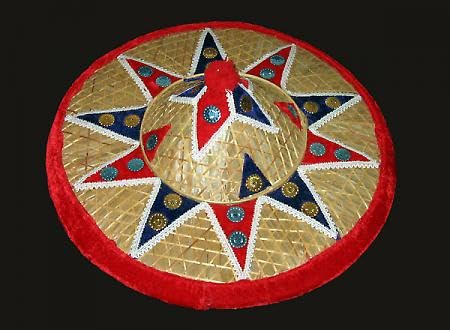 Traditional Assamese Phoolam Jhapi, Handmade Bamboo Hat, Red and Green Decorative Design, 14 inch Medium Size, Cultural Home Decor