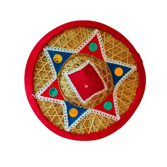 Traditional Assamese Phoolam Jhapi, Handmade Bamboo Hat, Red and Green Decorative Design, 14 inch Medium Size, Cultural Home Decor