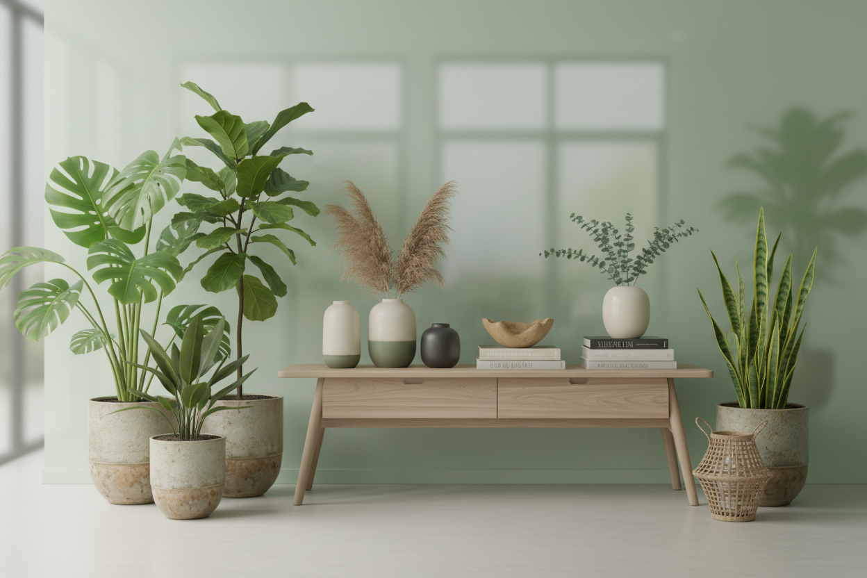Live plants

Home décor items

Soft blur + green overlay

Perfect size for Shopify (1800×800 px)